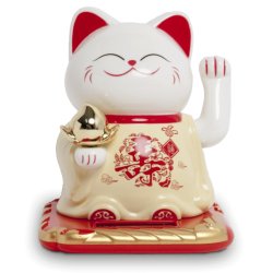 Hvid/Guld Vinkende Lykke Kat - 10,5cm. hj